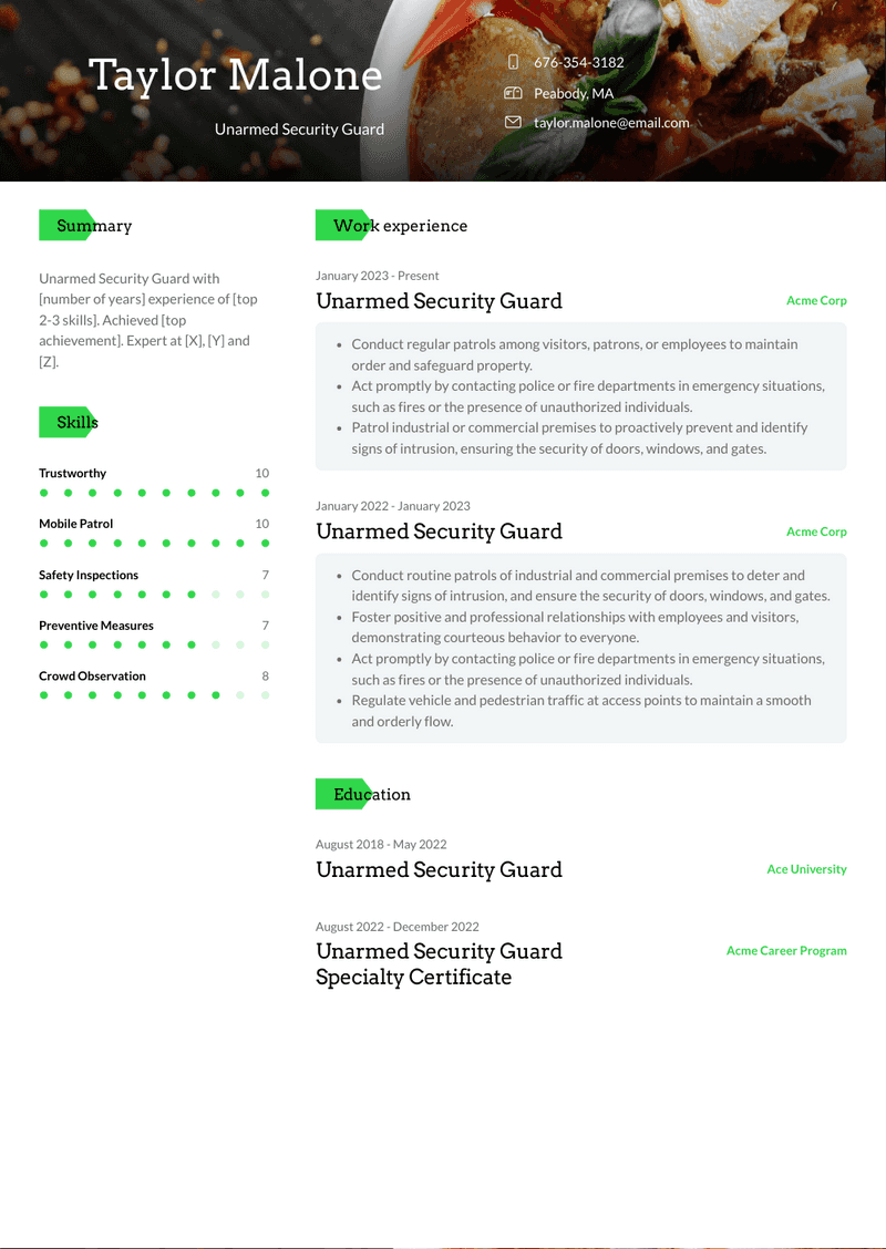 Unarmed Security Guard Resume Sample and Template