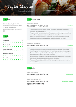 Unarmed Security Guard Resume Sample and Template