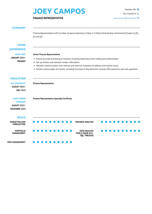 Finance Representative Resume Sample and Template