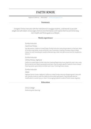 Zumba Instructor Resume Sample and Template