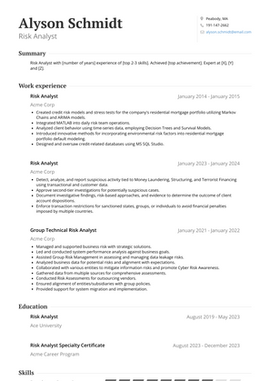 Risk Analyst Resume Sample and Template