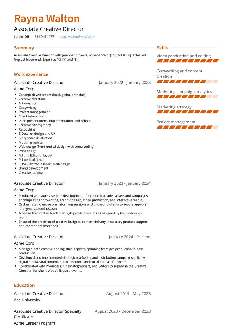 Associate Creative Director Resume Sample and Template