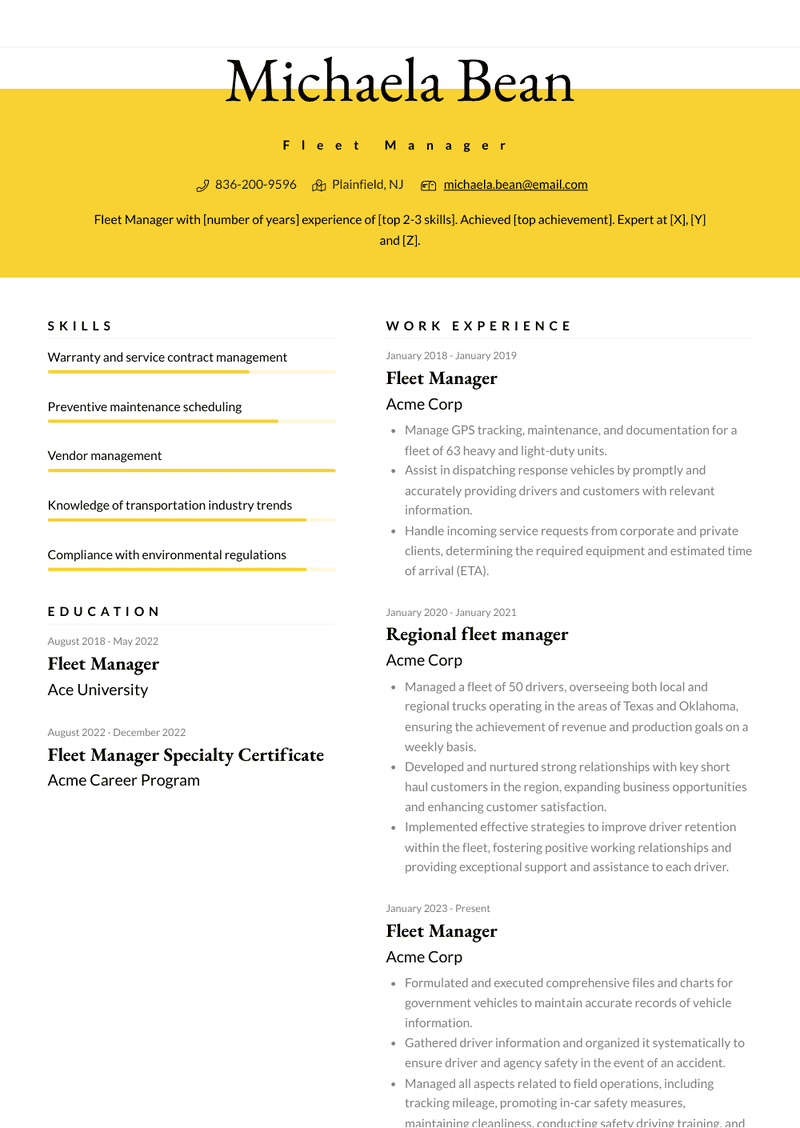 Fleet Manager Resume Sample and Template