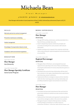 Fleet Manager Resume Sample and Template