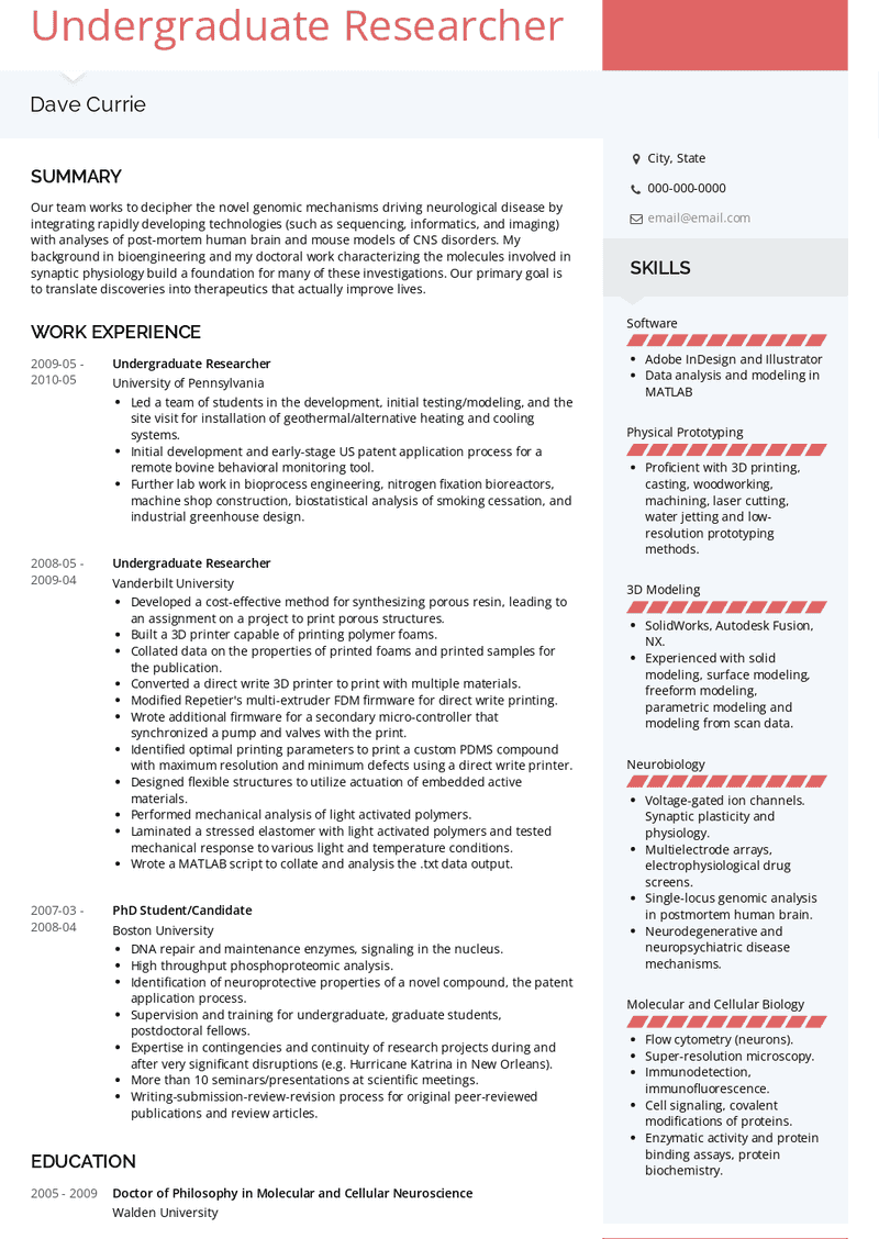 Undergraduate Researcher Resume Sample and Template