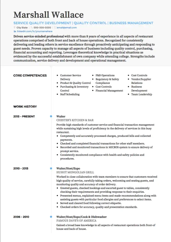 Waitress Resume Summary Examples