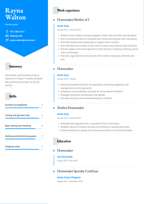 Homemaker Resume Sample and Template