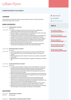 Implementation Consultant Resume Sample and Template