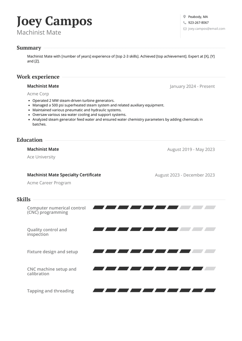 Machinist Mate Resume Sample and Template