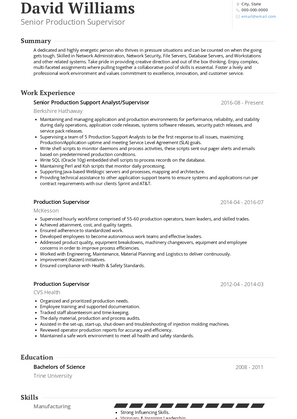 Senior Production Supervisor Resume Sample and Template