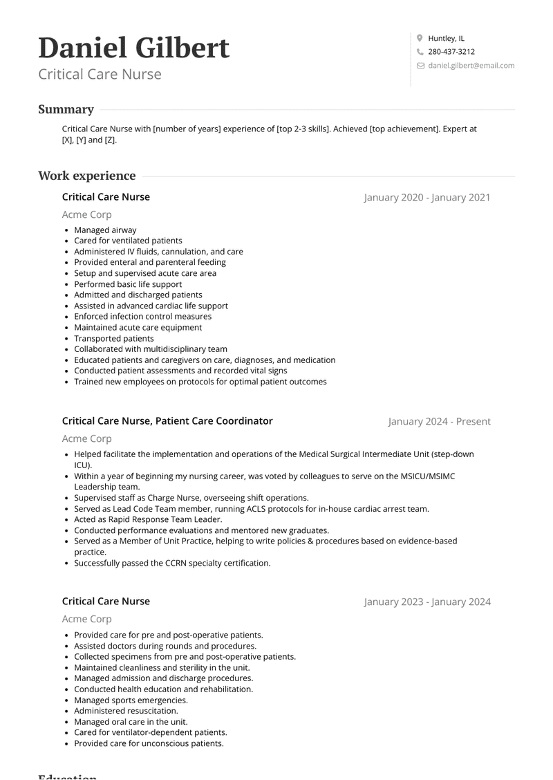 Critical Care Nurse Resume Sample and Template