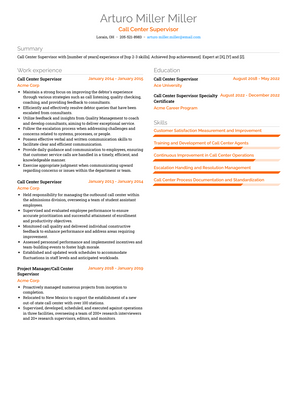 Call Center Supervisor Resume Sample and Template