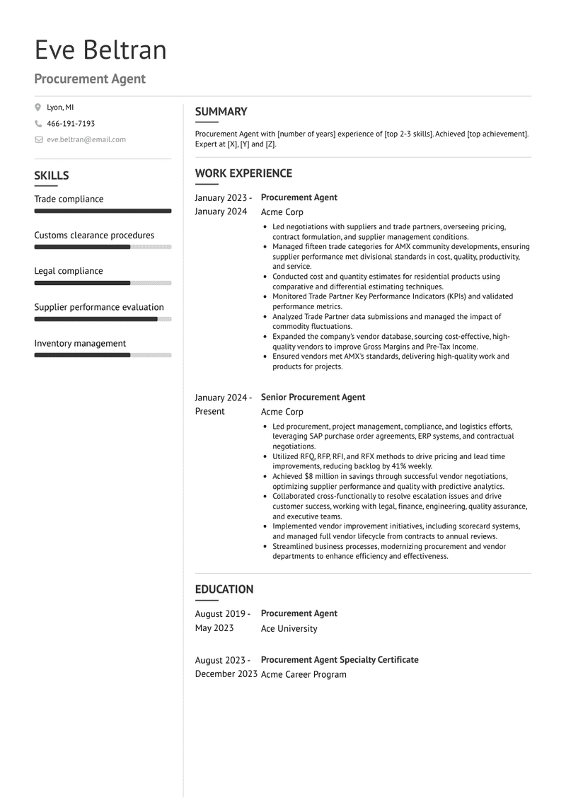 Procurement Agent Resume Sample and Template