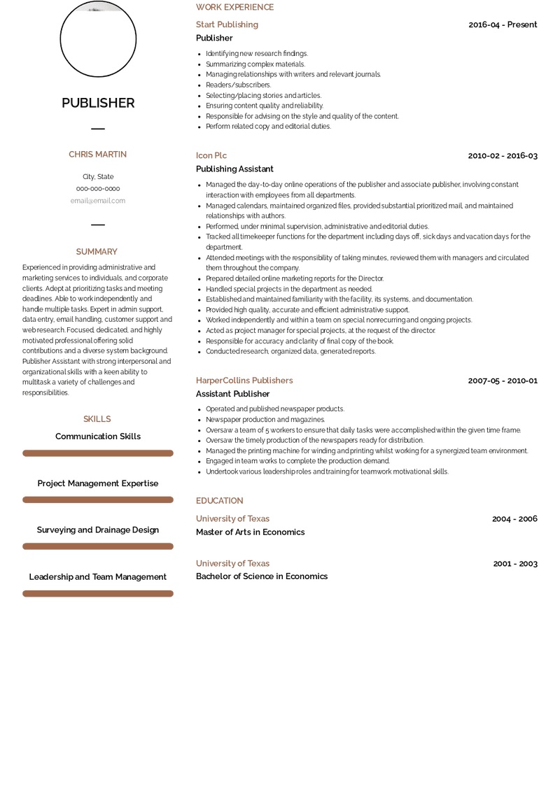 Publisher Resume Sample and Template