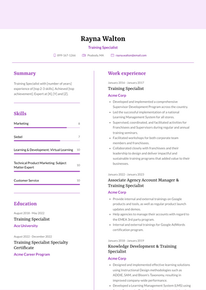 Training Specialist Resume Sample and Template