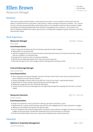 Restaurant Manager  CV Example and Template