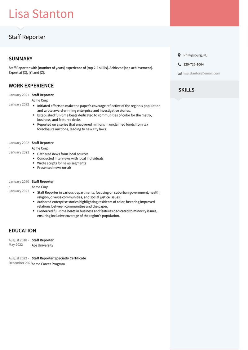 Staff Reporter Resume Sample and Template