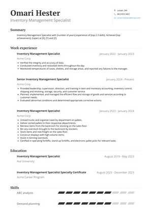 Inventory Management Specialist Resume Sample and Template
