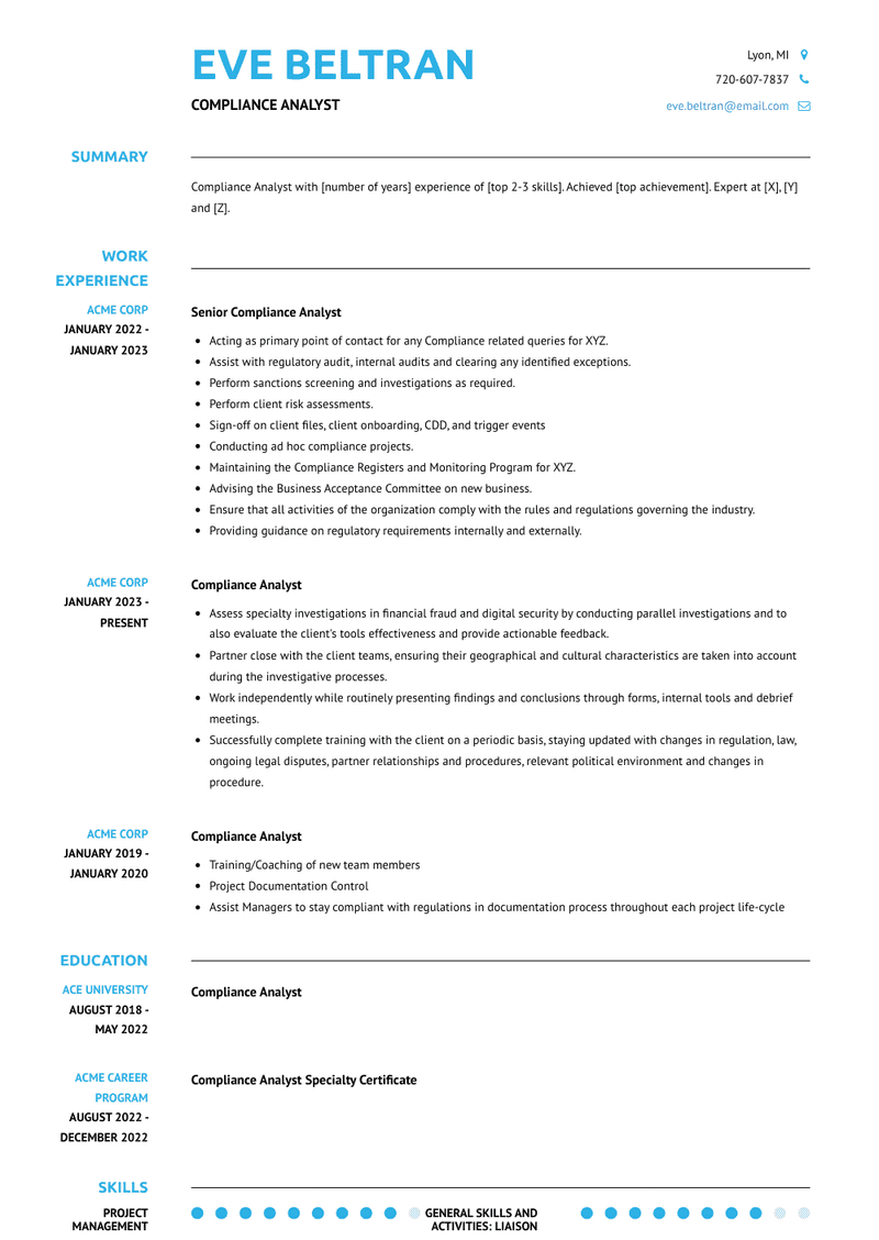 Compliance Analyst Resume Sample and Template
