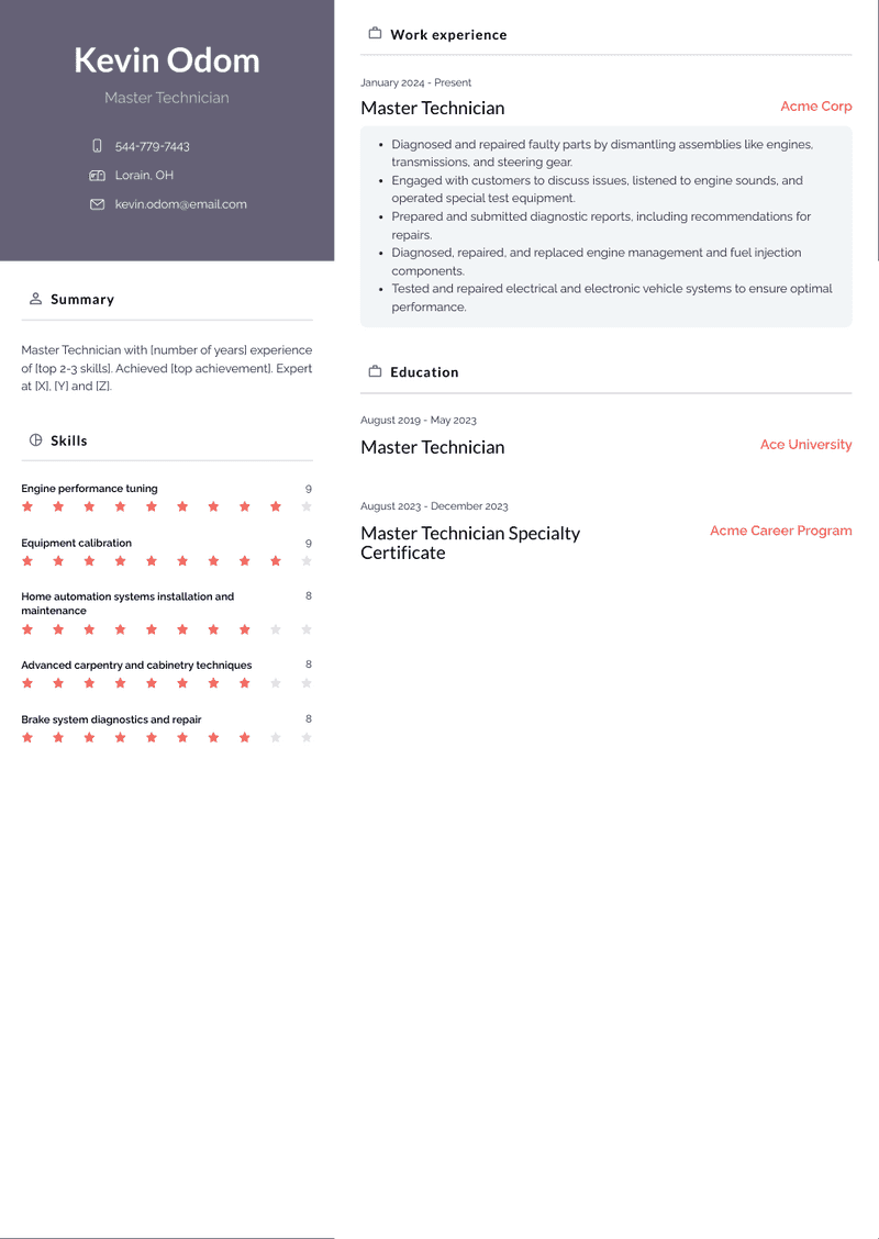 Master Technician Resume Sample and Template