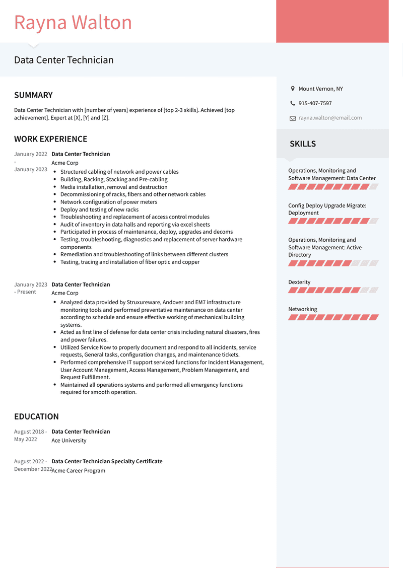 Data Center Technician Resume Sample and Template