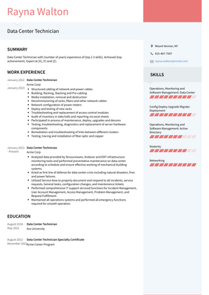 Data Center Technician Resume Sample and Template