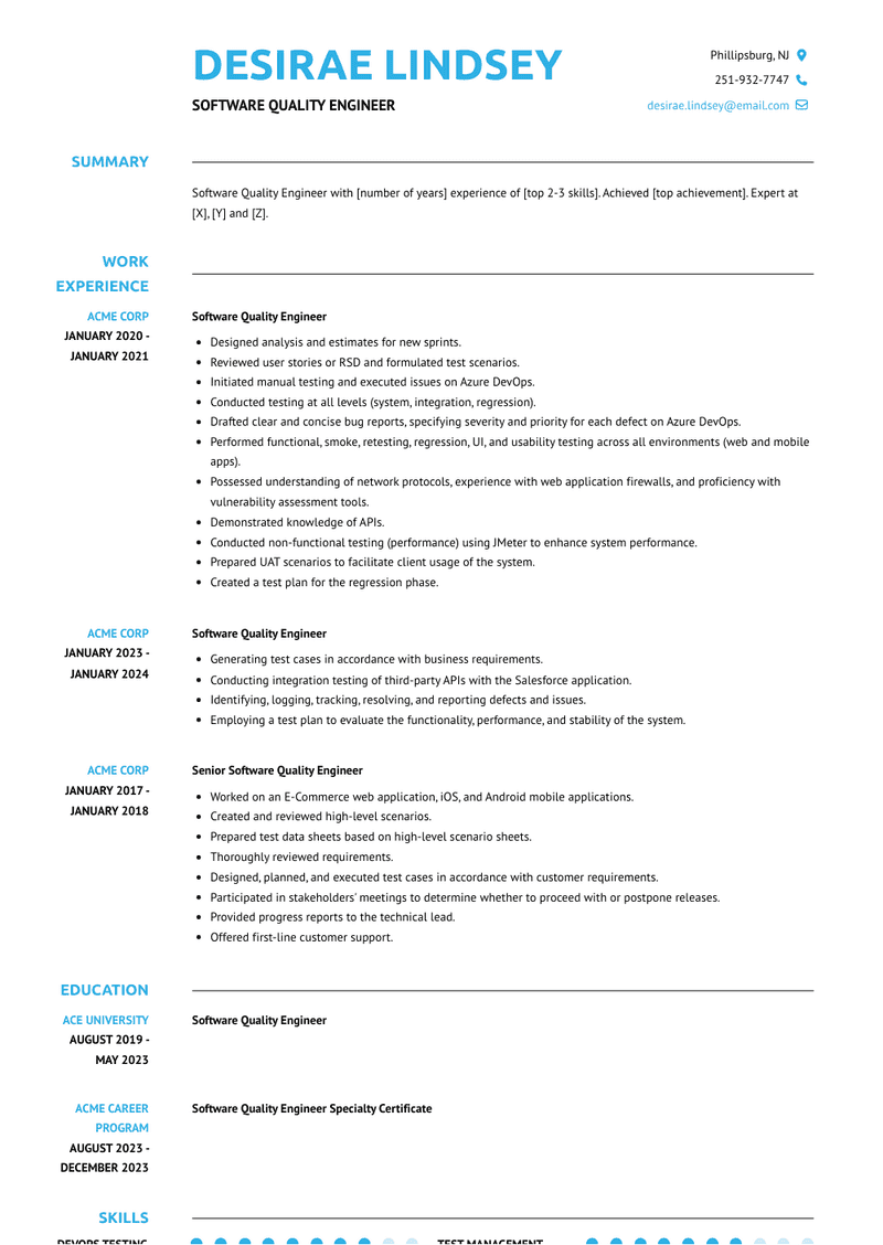 Software Quality Engineer Resume Sample and Template