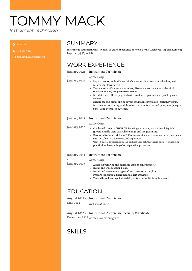 Instrument Technician Resume Sample and Template