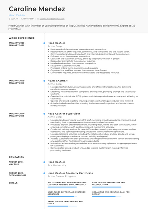 Head Cashier Resume Sample and Template