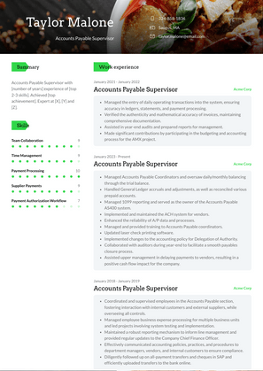 Accounts Payable Supervisor Resume Sample and Template