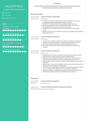 Customer Retention Specialist Resume Sample and Template