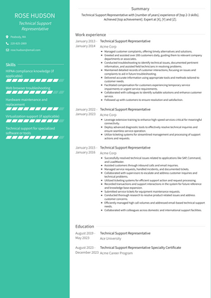 Technical Support Representative Resume Sample and Template