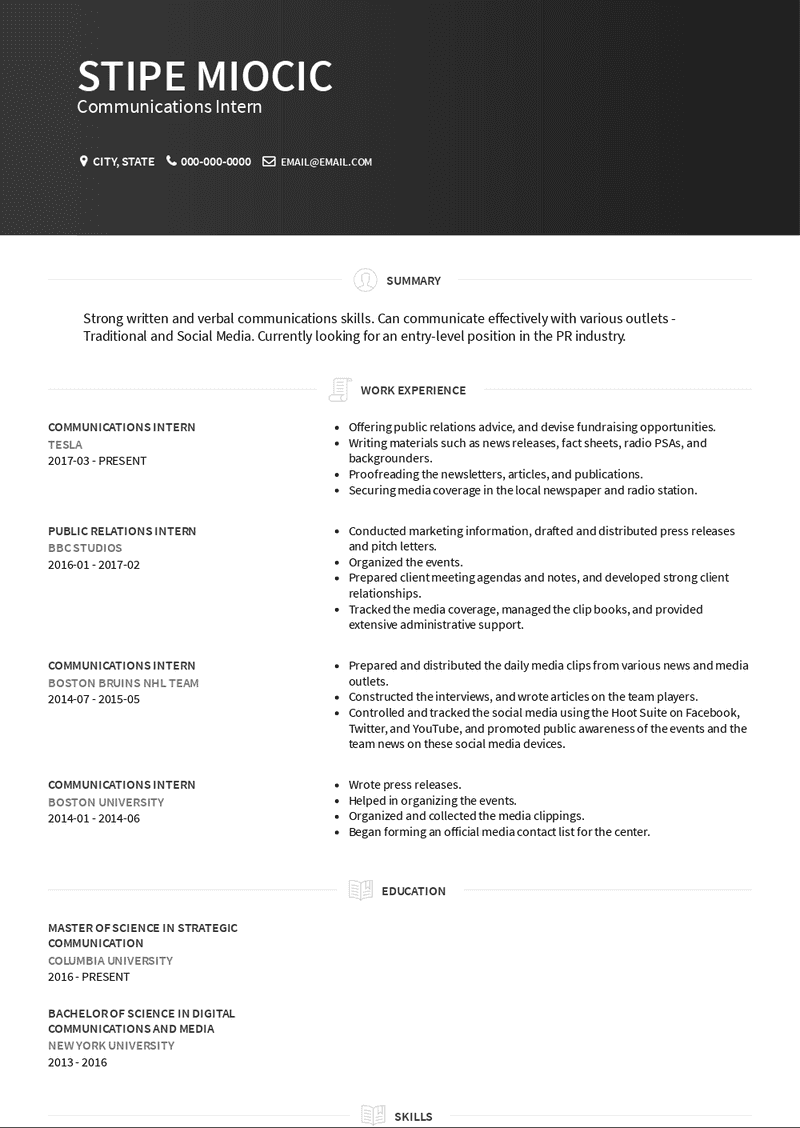 Communications Intern Resume Sample and Template