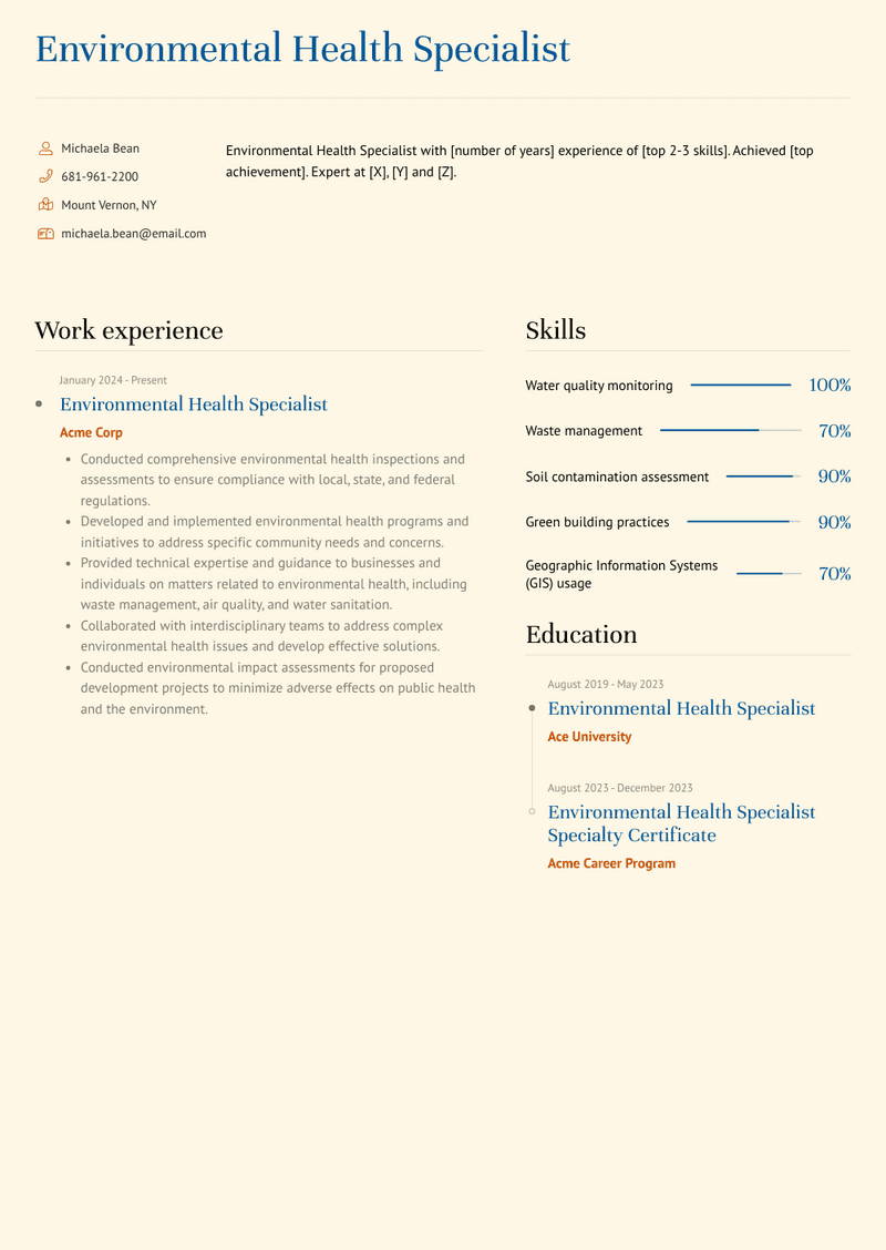 Environmental Health Specialist Resume Sample and Template