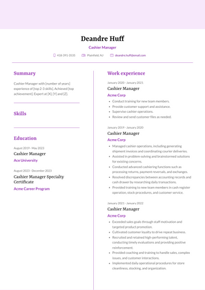 Cashier Manager Resume Sample and Template