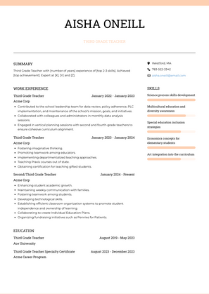 Third Grade Teacher Resume Sample and Template