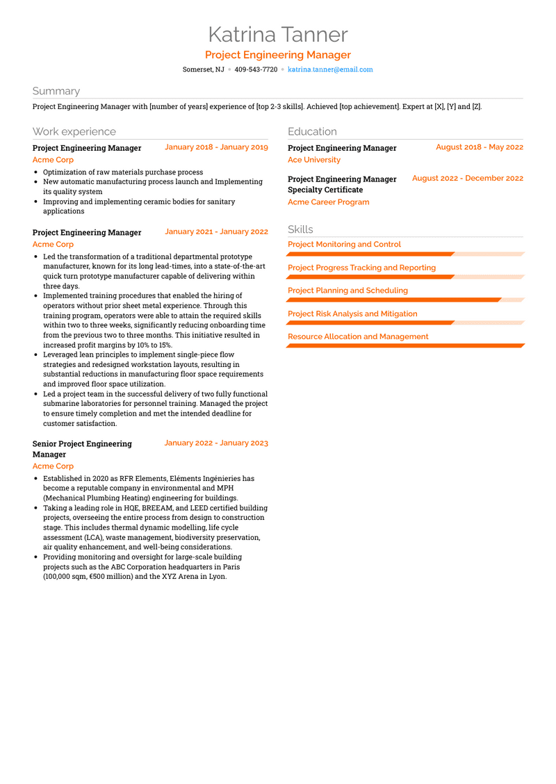 Project Engineering Manager Resume Sample and Template