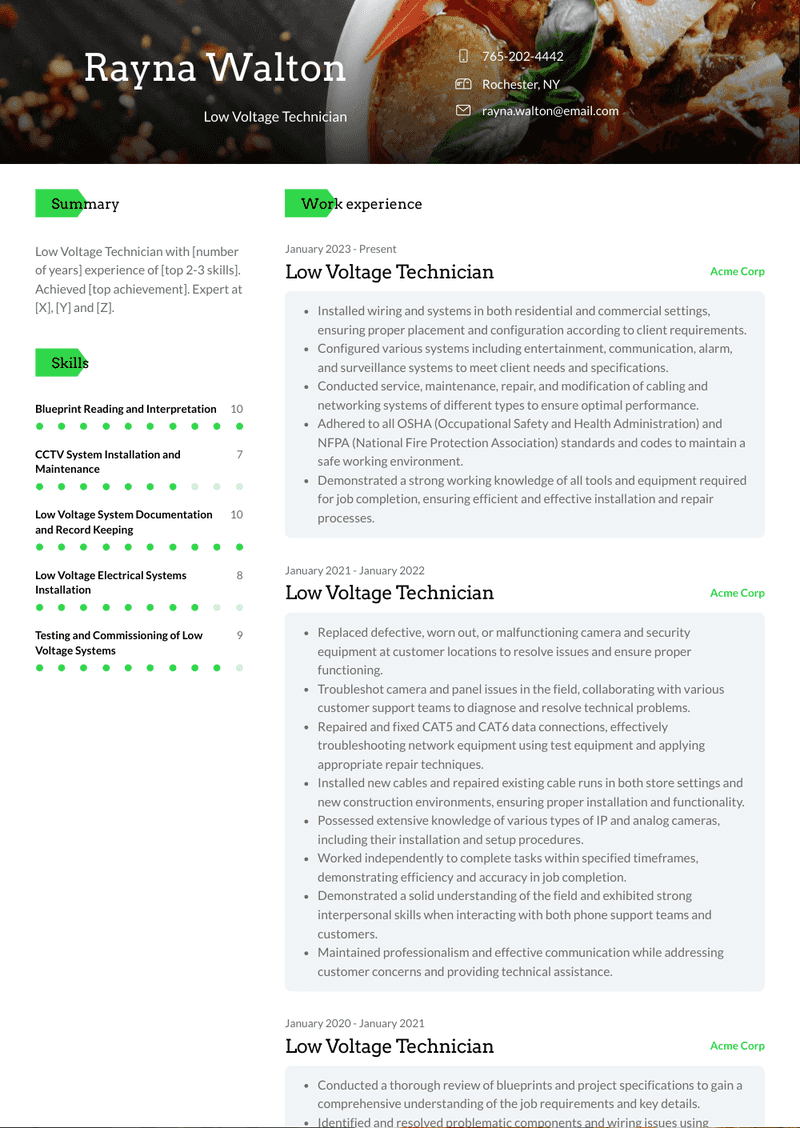 Low Voltage Technician Resume Sample and Template