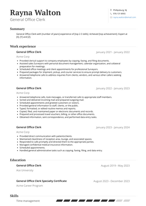 General Office Clerk Resume Sample and Template