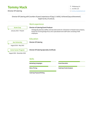 Director Of Catering Resume Sample and Template