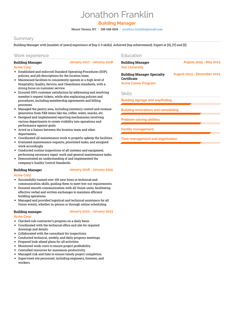 Building Manager Resume Sample and Template