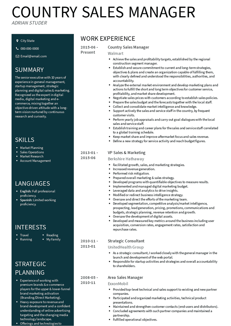 Country Sales Manager Resume Sample and Template