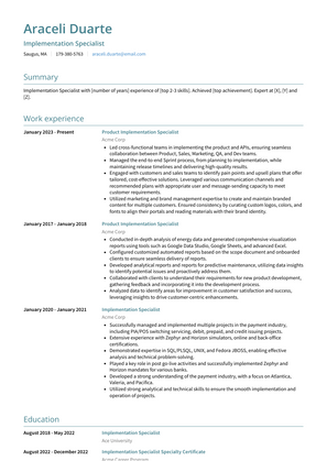 Implementation Specialist Resume Sample and Template