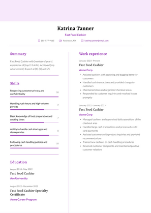 Fast Food Cashier Resume Sample and Template