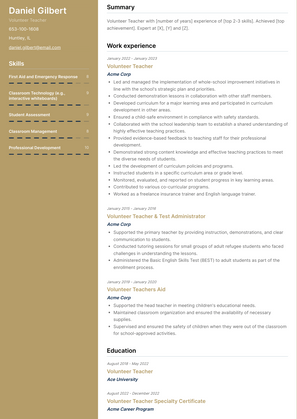 Volunteer Teacher Resume Sample and Template