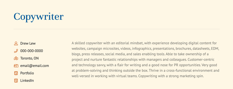 Copywriter CV example: Contact Information Section