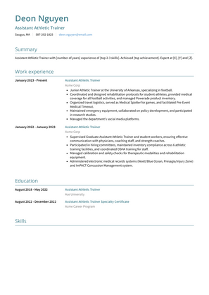 Assistant Athletic Trainer Resume Sample and Template