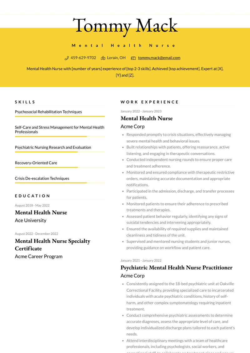 Mental Health Nurse Resume Sample and Template