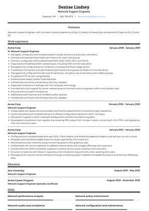 Network Support Engineer Resume Sample and Template