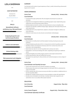 Cost Estimator Resume Sample and Template